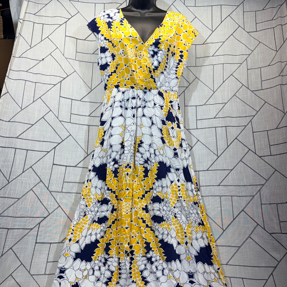 Gap Maxi Dress 2 Yellow Navy Blue Geometric Floral Wrap V-Neck Sleeveless